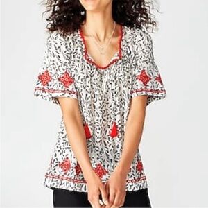 J Jill Top White/Black Floral Tassel 100% Cotton Embroidered Flowy XL